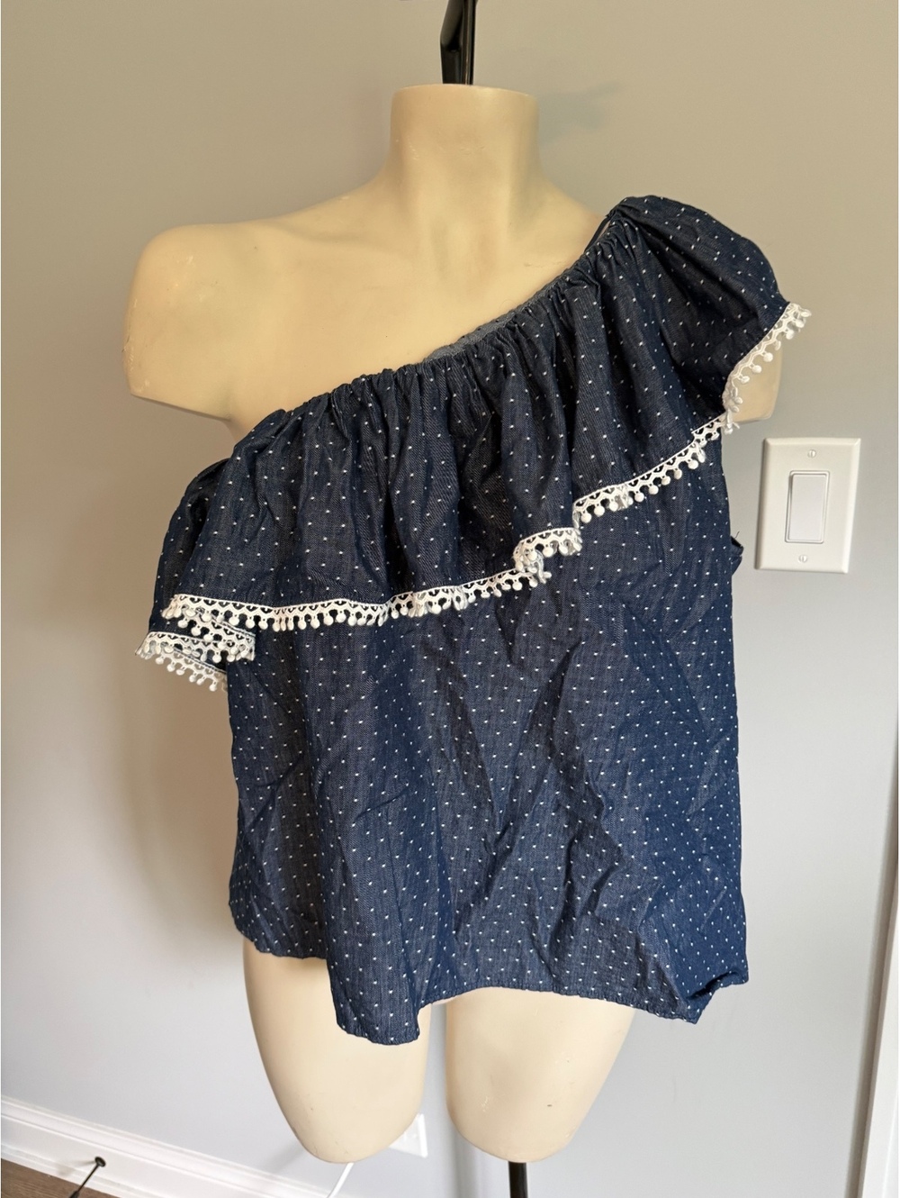 Parker Women's One-Shoulder Navy Blue Polka Dot Cotton Tank Top, Size Large